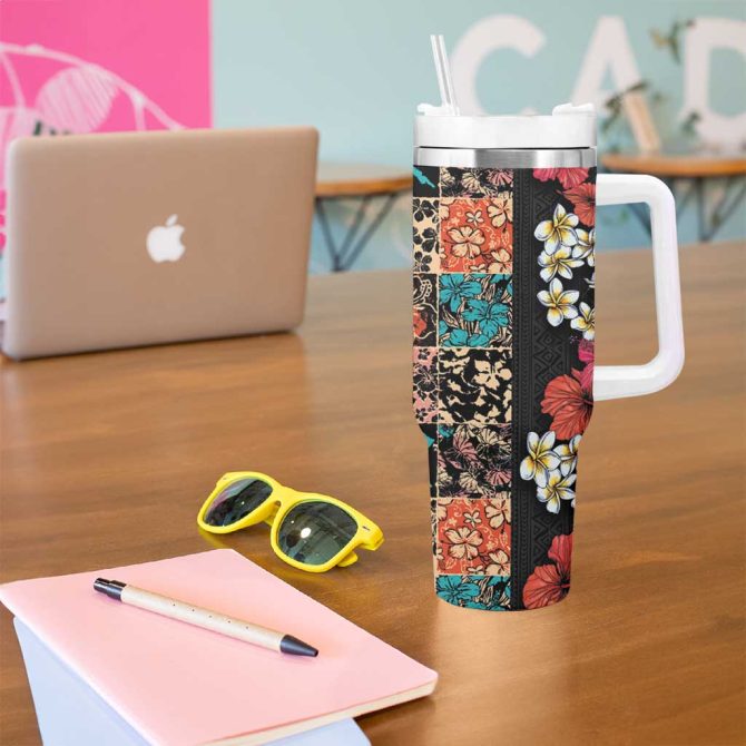Hawaiian Hibiscus And Tropical Leaves Patchwork Grunge Abstract Vintage Custom Stanley Quencher 40Oz Stainless Steel Tumbler With Handle - Image 5