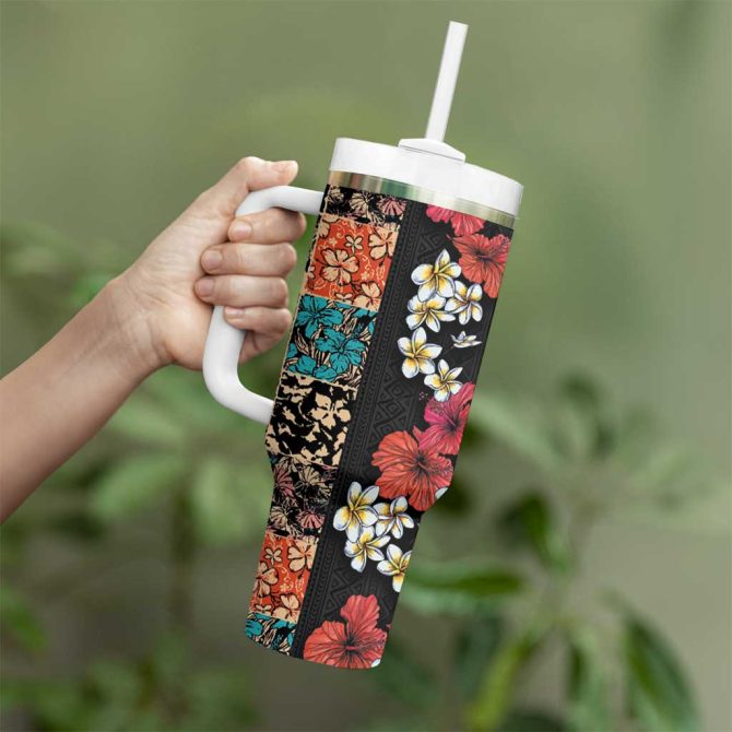Hawaiian Hibiscus And Tropical Leaves Patchwork Grunge Abstract Vintage Custom Stanley Quencher 40Oz Stainless Steel Tumbler With Handle - Image 3