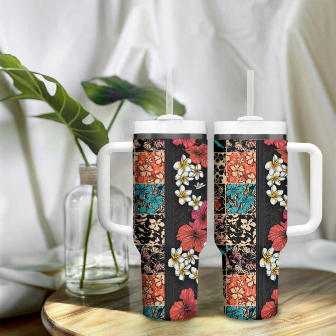 Hawaiian Hibiscus And Tropical Leaves Patchwork Grunge Abstract Vintage Custom Stanley Quencher 40Oz Stainless Steel Tumbler With Handle - Image 9