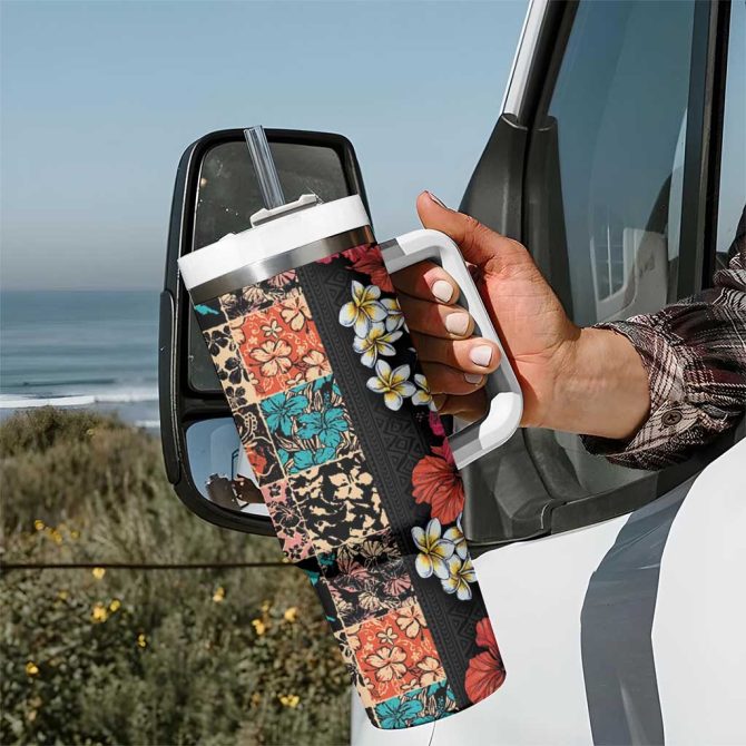 Hawaiian Hibiscus And Tropical Leaves Patchwork Grunge Abstract Vintage Custom Stanley Quencher 40Oz Stainless Steel Tumbler With Handle - Image 7