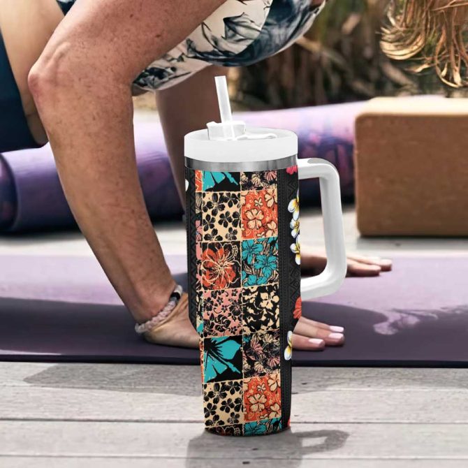 Hawaiian Hibiscus And Tropical Leaves Patchwork Grunge Abstract Vintage Custom Stanley Quencher 40Oz Stainless Steel Tumbler With Handle - Image 6