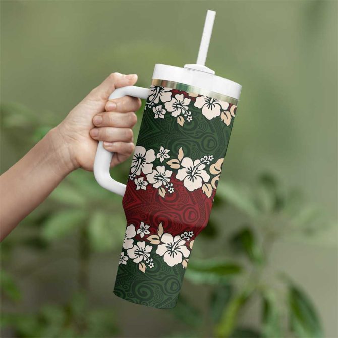 Hawaiian Hibiscus Christmas Color Custom Stanley Quencher 40Oz Stainless Steel Tumbler With Handle - Image 3