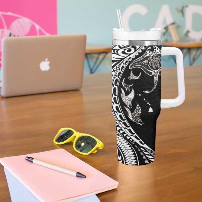 Hawaiian Manta Ray And Polynesian Tribal Tattoo Black Color Custom Stanley Quencher 40Oz Stainless Steel Tumbler With Handle - Image 5