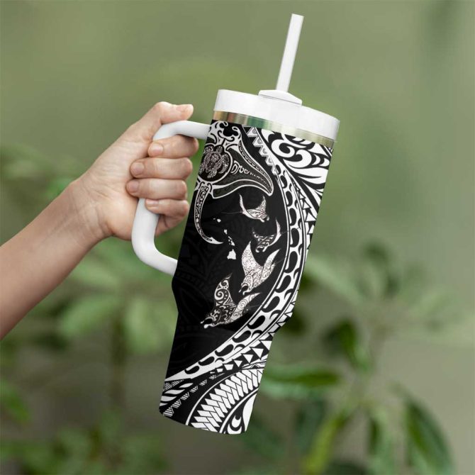 Hawaiian Manta Ray And Polynesian Tribal Tattoo Black Color Custom Stanley Quencher 40Oz Stainless Steel Tumbler With Handle - Image 3