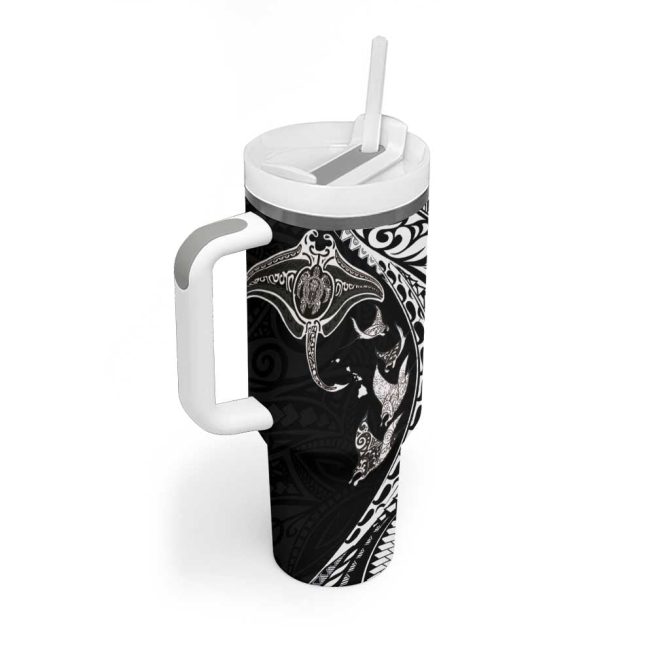 Hawaiian Manta Ray And Polynesian Tribal Tattoo Black Color Custom Stanley Quencher 40Oz Stainless Steel Tumbler With Handle - Image 2