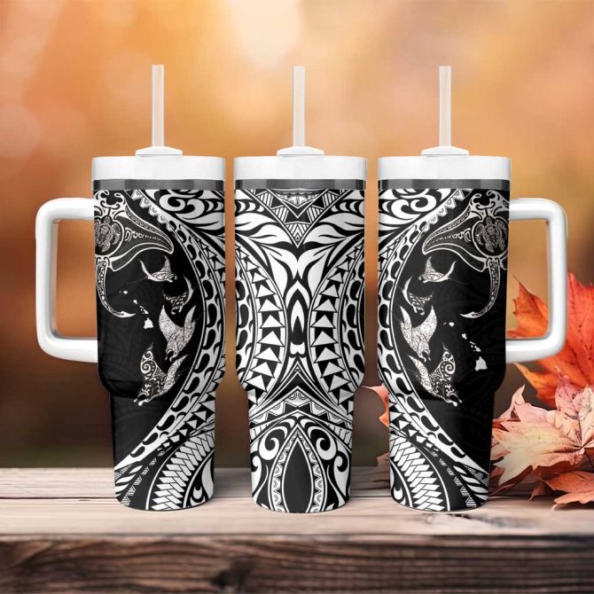 Hawaiian Manta Ray And Polynesian Tribal Tattoo Black Color Custom Stanley Quencher 40Oz Stainless Steel Tumbler With Handle - Image 4