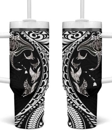 Hawaiian Manta Ray And Polynesian Tribal Tattoo Black Color Custom Stanley Quencher 40Oz Stainless Steel Tumbler With Handle