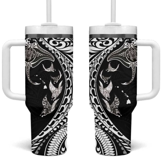 Hawaiian Manta Ray And Polynesian Tribal Tattoo Black Color Custom Stanley Quencher 40Oz Stainless Steel Tumbler With Handle