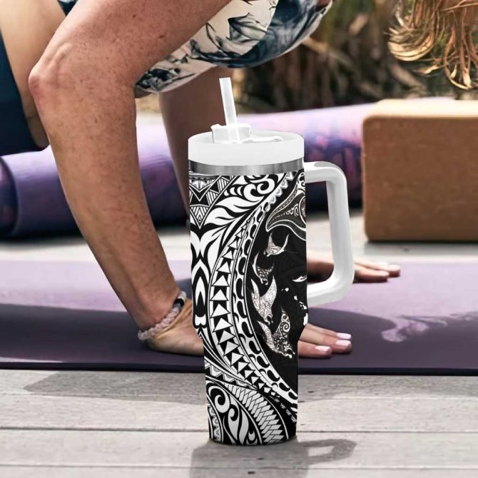Hawaiian Manta Ray And Polynesian Tribal Tattoo Black Color Custom Stanley Quencher 40Oz Stainless Steel Tumbler With Handle - Image 6