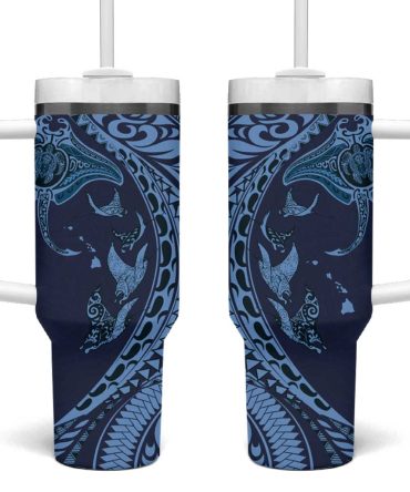 Hawaiian Manta Ray And Polynesian Tribal Tattoo Dark Navy Color Custom Stanley Quencher 40Oz Stainless Steel Tumbler With Handle