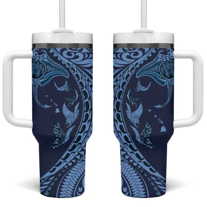 Hawaiian Manta Ray And Polynesian Tribal Tattoo Dark Navy Color Custom Stanley Quencher 40Oz Stainless Steel Tumbler With Handle