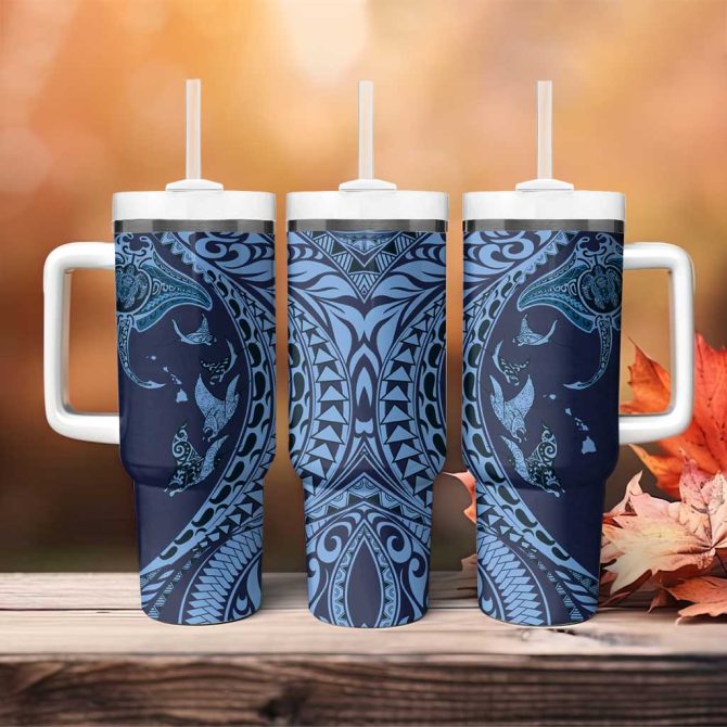 Hawaiian Manta Ray And Polynesian Tribal Tattoo Dark Navy Color Custom Stanley Quencher 40Oz Stainless Steel Tumbler With Handle - Image 4
