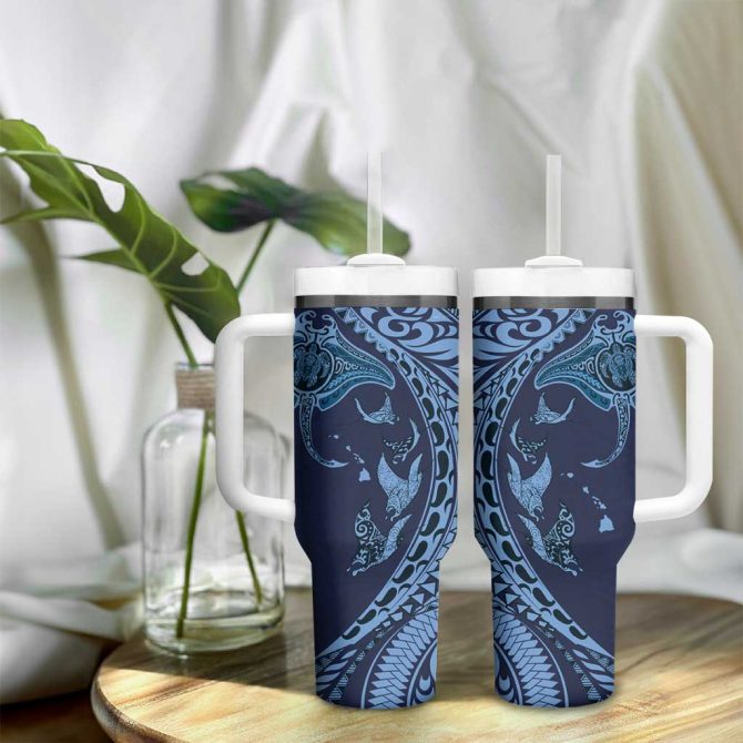 Hawaiian Manta Ray And Polynesian Tribal Tattoo Dark Navy Color Custom Stanley Quencher 40Oz Stainless Steel Tumbler With Handle - Image 9