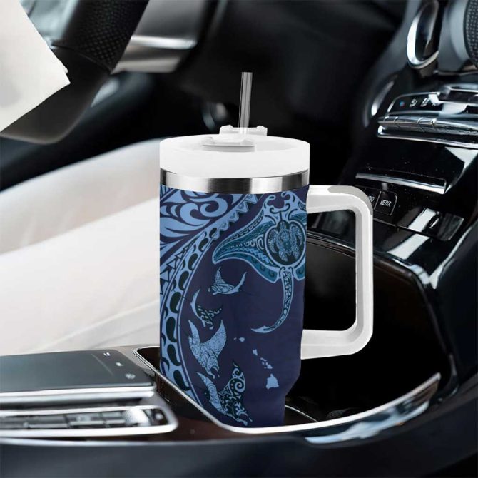 Hawaiian Manta Ray And Polynesian Tribal Tattoo Dark Navy Color Custom Stanley Quencher 40Oz Stainless Steel Tumbler With Handle - Image 8