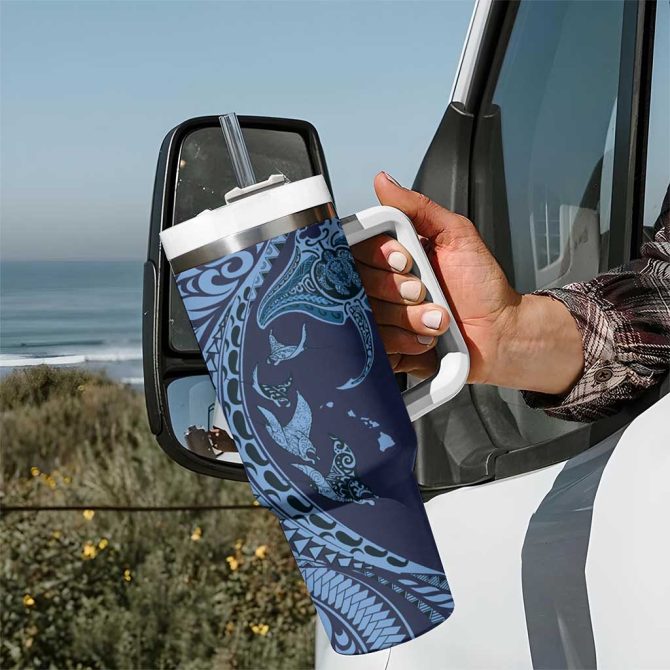Hawaiian Manta Ray And Polynesian Tribal Tattoo Dark Navy Color Custom Stanley Quencher 40Oz Stainless Steel Tumbler With Handle - Image 7