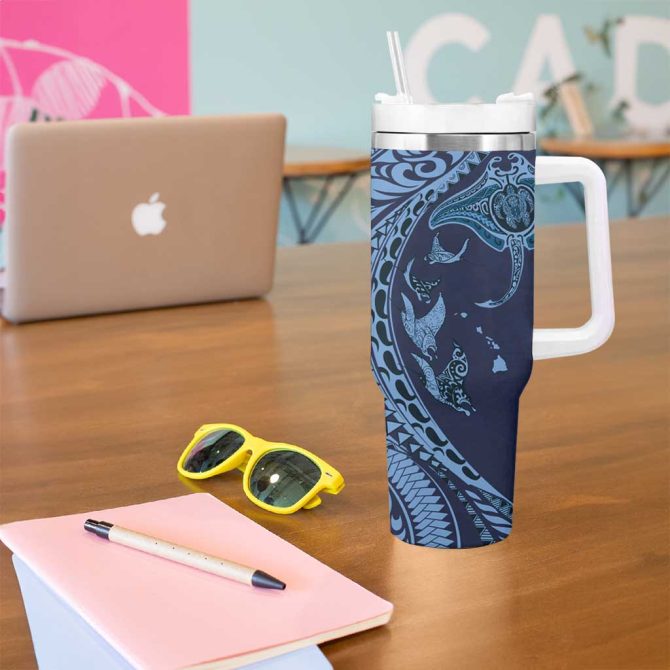 Hawaiian Manta Ray And Polynesian Tribal Tattoo Dark Navy Color Custom Stanley Quencher 40Oz Stainless Steel Tumbler With Handle - Image 5