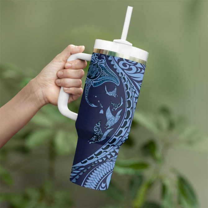 Hawaiian Manta Ray And Polynesian Tribal Tattoo Dark Navy Color Custom Stanley Quencher 40Oz Stainless Steel Tumbler With Handle - Image 3