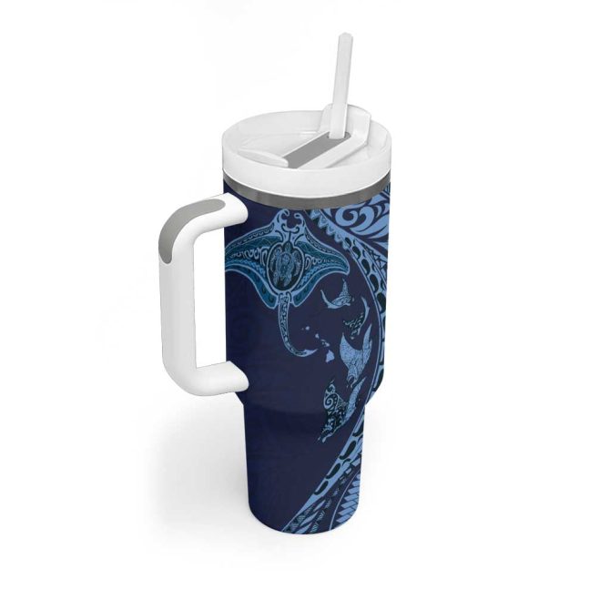 Hawaiian Manta Ray And Polynesian Tribal Tattoo Dark Navy Color Custom Stanley Quencher 40Oz Stainless Steel Tumbler With Handle - Image 2