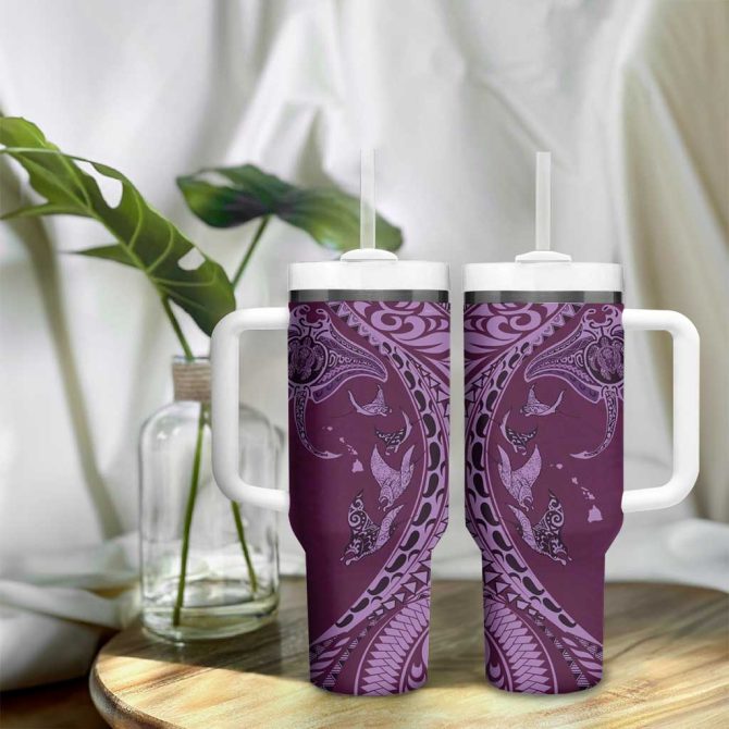 Hawaiian Manta Ray And Polynesian Tribal Tattoo Pink Color Custom Stanley Quencher 40Oz Stainless Steel Tumbler With Handle - Image 9