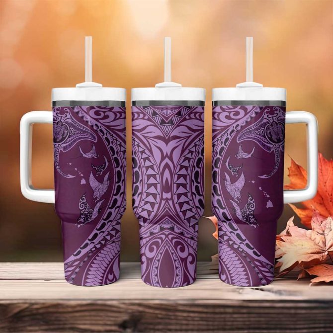 Hawaiian Manta Ray And Polynesian Tribal Tattoo Pink Color Custom Stanley Quencher 40Oz Stainless Steel Tumbler With Handle - Image 4