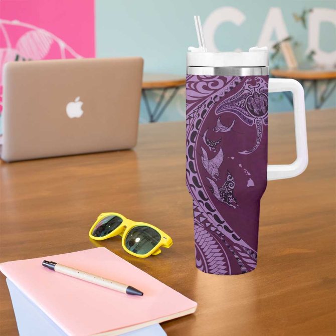 Hawaiian Manta Ray And Polynesian Tribal Tattoo Pink Color Custom Stanley Quencher 40Oz Stainless Steel Tumbler With Handle - Image 5