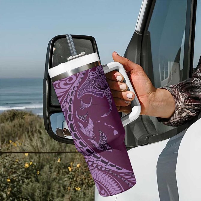 Hawaiian Manta Ray And Polynesian Tribal Tattoo Pink Color Custom Stanley Quencher 40Oz Stainless Steel Tumbler With Handle - Image 7