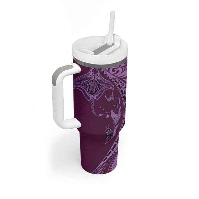 Hawaiian Manta Ray And Polynesian Tribal Tattoo Pink Color Custom Stanley Quencher 40Oz Stainless Steel Tumbler With Handle - Image 2