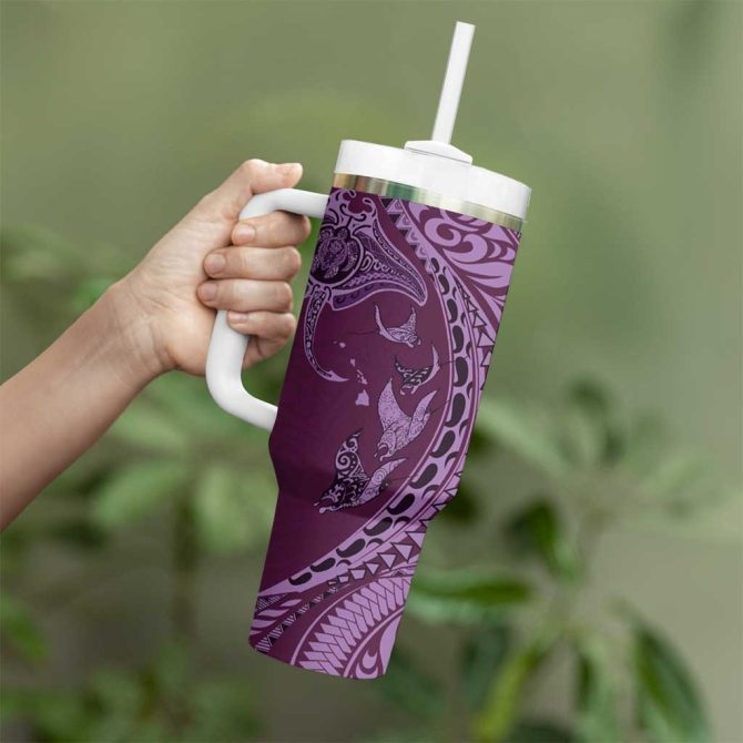 Hawaiian Manta Ray And Polynesian Tribal Tattoo Pink Color Custom Stanley Quencher 40Oz Stainless Steel Tumbler With Handle - Image 3