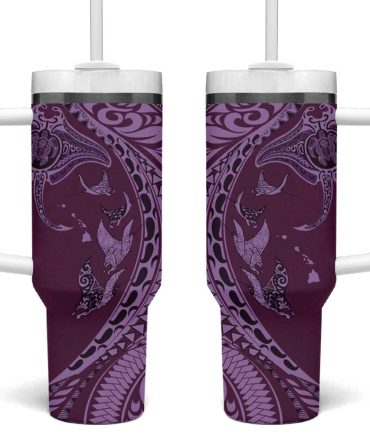 Hawaiian Manta Ray And Polynesian Tribal Tattoo Pink Color Custom Stanley Quencher 40Oz Stainless Steel Tumbler With Handle