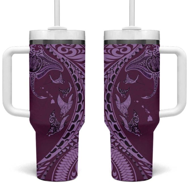 Hawaiian Manta Ray And Polynesian Tribal Tattoo Pink Color Custom Stanley Quencher 40Oz Stainless Steel Tumbler With Handle