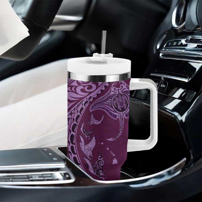 Hawaiian Manta Ray And Polynesian Tribal Tattoo Pink Color Custom Stanley Quencher 40Oz Stainless Steel Tumbler With Handle - Image 8