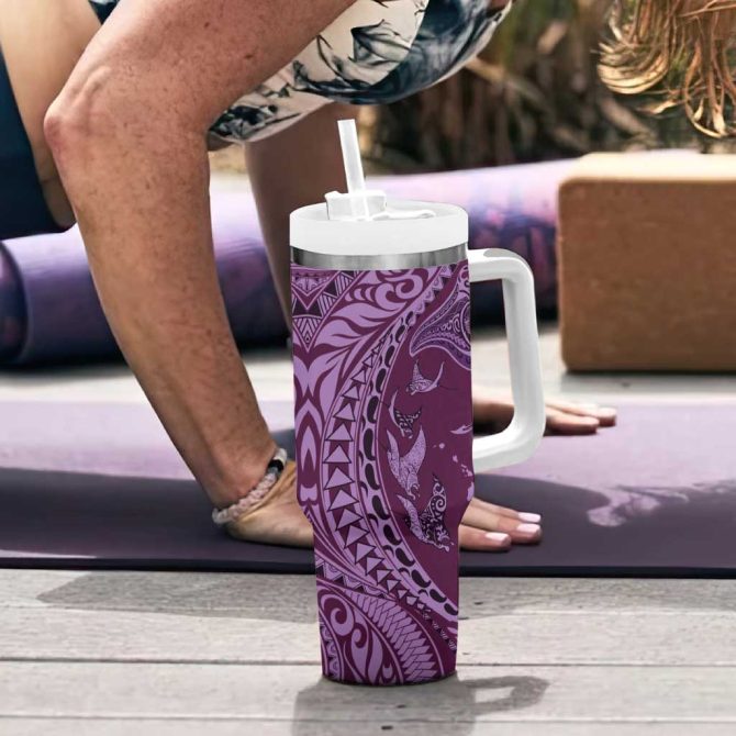 Hawaiian Manta Ray And Polynesian Tribal Tattoo Pink Color Custom Stanley Quencher 40Oz Stainless Steel Tumbler With Handle - Image 6