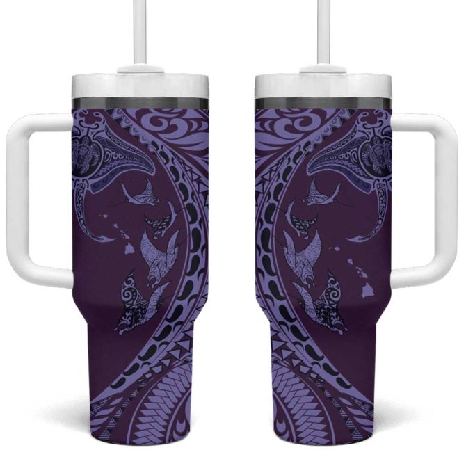 Hawaiian Manta Ray And Polynesian Tribal Tattoo Purple Color Custom Stanley Quencher 40Oz Stainless Steel Tumbler With Handle