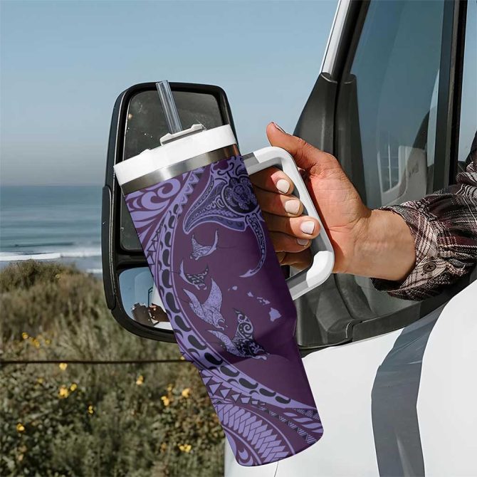 Hawaiian Manta Ray And Polynesian Tribal Tattoo Purple Color Custom Stanley Quencher 40Oz Stainless Steel Tumbler With Handle - Image 7