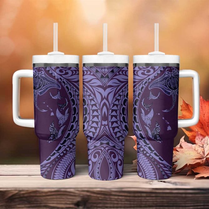 Hawaiian Manta Ray And Polynesian Tribal Tattoo Purple Color Custom Stanley Quencher 40Oz Stainless Steel Tumbler With Handle - Image 4