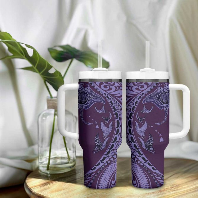Hawaiian Manta Ray And Polynesian Tribal Tattoo Purple Color Custom Stanley Quencher 40Oz Stainless Steel Tumbler With Handle - Image 9