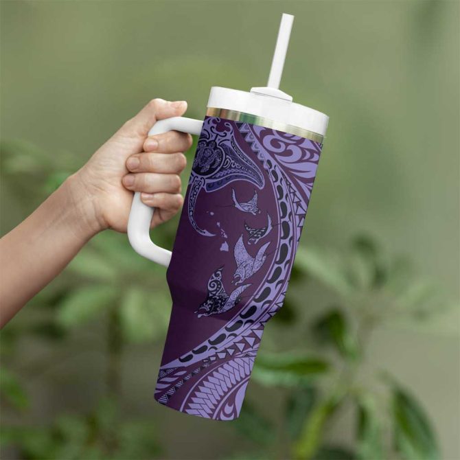 Hawaiian Manta Ray And Polynesian Tribal Tattoo Purple Color Custom Stanley Quencher 40Oz Stainless Steel Tumbler With Handle - Image 3