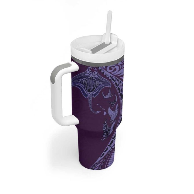 Hawaiian Manta Ray And Polynesian Tribal Tattoo Purple Color Custom Stanley Quencher 40Oz Stainless Steel Tumbler With Handle - Image 2