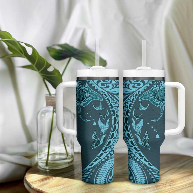 Hawaiian Manta Ray And Polynesian Tribal Tattoo Turquoise Color Custom Stanley Quencher 40Oz Stainless Steel Tumbler With Handle - Image 9