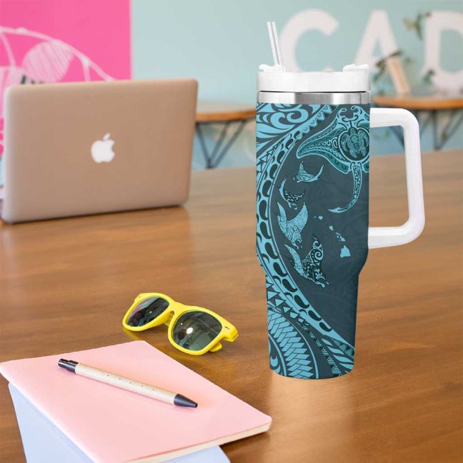 Hawaiian Manta Ray And Polynesian Tribal Tattoo Turquoise Color Custom Stanley Quencher 40Oz Stainless Steel Tumbler With Handle - Image 5