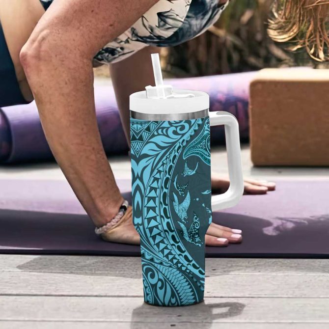 Hawaiian Manta Ray And Polynesian Tribal Tattoo Turquoise Color Custom Stanley Quencher 40Oz Stainless Steel Tumbler With Handle - Image 6