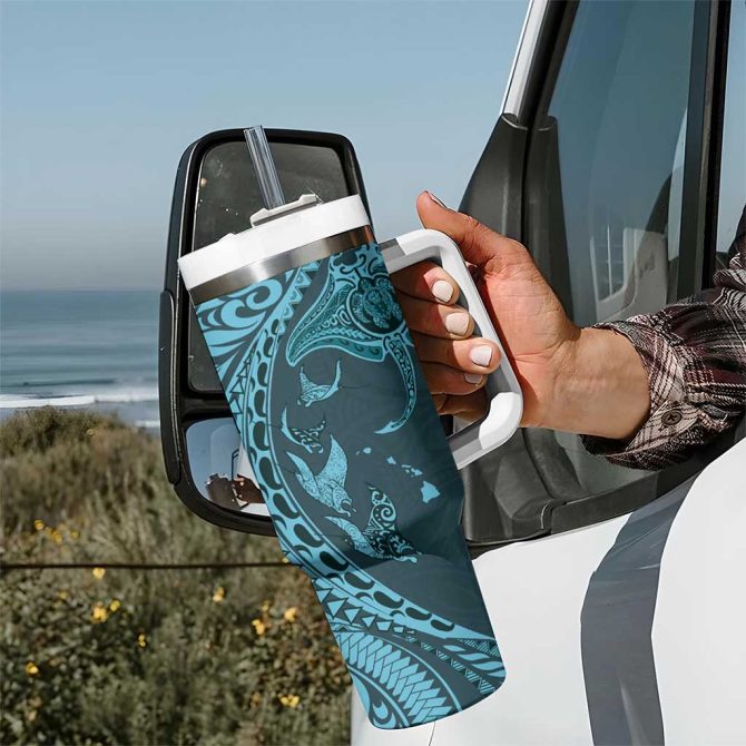Hawaiian Manta Ray And Polynesian Tribal Tattoo Turquoise Color Custom Stanley Quencher 40Oz Stainless Steel Tumbler With Handle - Image 7