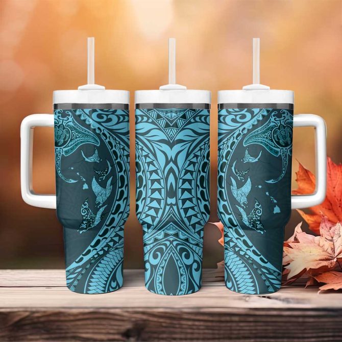 Hawaiian Manta Ray And Polynesian Tribal Tattoo Turquoise Color Custom Stanley Quencher 40Oz Stainless Steel Tumbler With Handle - Image 4