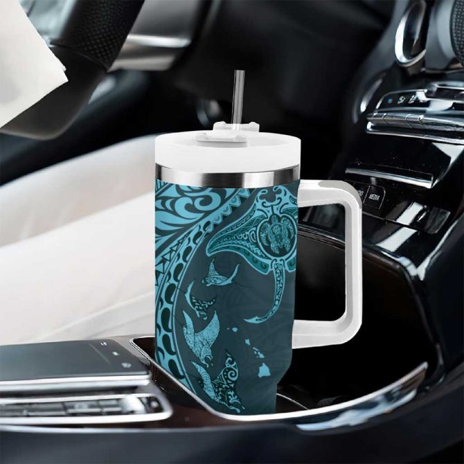 Hawaiian Manta Ray And Polynesian Tribal Tattoo Turquoise Color Custom Stanley Quencher 40Oz Stainless Steel Tumbler With Handle - Image 8