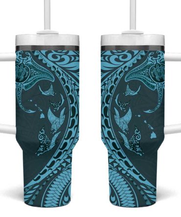 Hawaiian Manta Ray And Polynesian Tribal Tattoo Turquoise Color Custom Stanley Quencher 40Oz Stainless Steel Tumbler With Handle