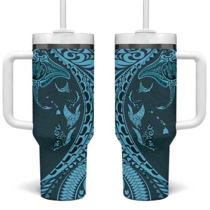 Hawaiian Manta Ray And Polynesian Tribal Tattoo Turquoise Color Custom Stanley Quencher 40Oz Stainless Steel Tumbler With Handle
