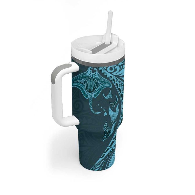Hawaiian Manta Ray And Polynesian Tribal Tattoo Turquoise Color Custom Stanley Quencher 40Oz Stainless Steel Tumbler With Handle - Image 2