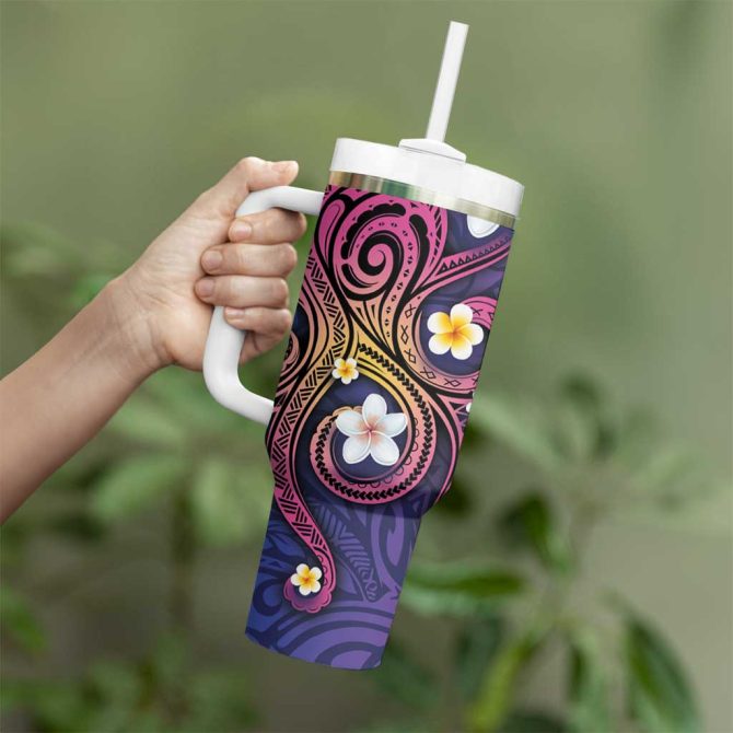 Hawaiian Octopus Tattoo And Frangipani Custom Stanley Quencher 40Oz Stainless Steel Tumbler With Handle - Image 3
