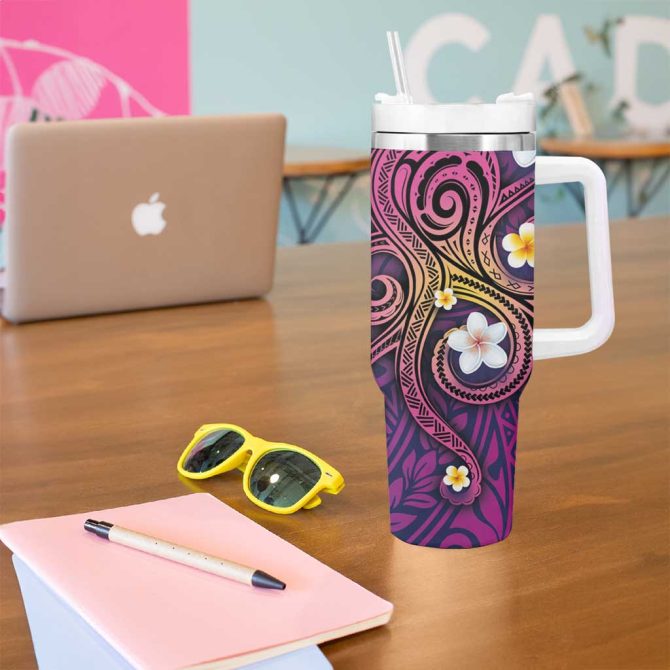 Hawaiian Octopus Tattoo And Frangipani Custom Stanley Quencher 40Oz Stainless Steel Tumbler With Handle - Image 5