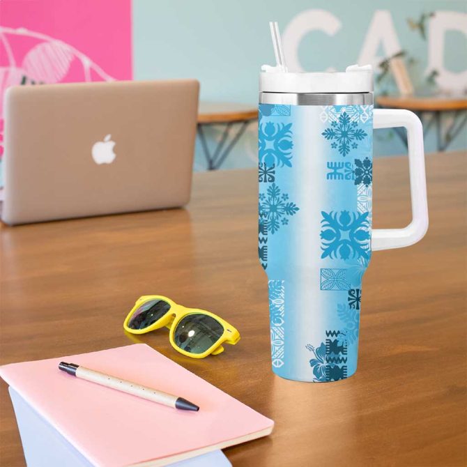 Hawaiian Quilt Vintage Blue Custom Stanley Quencher 40Oz Stainless Steel Tumbler With Handle - Image 5